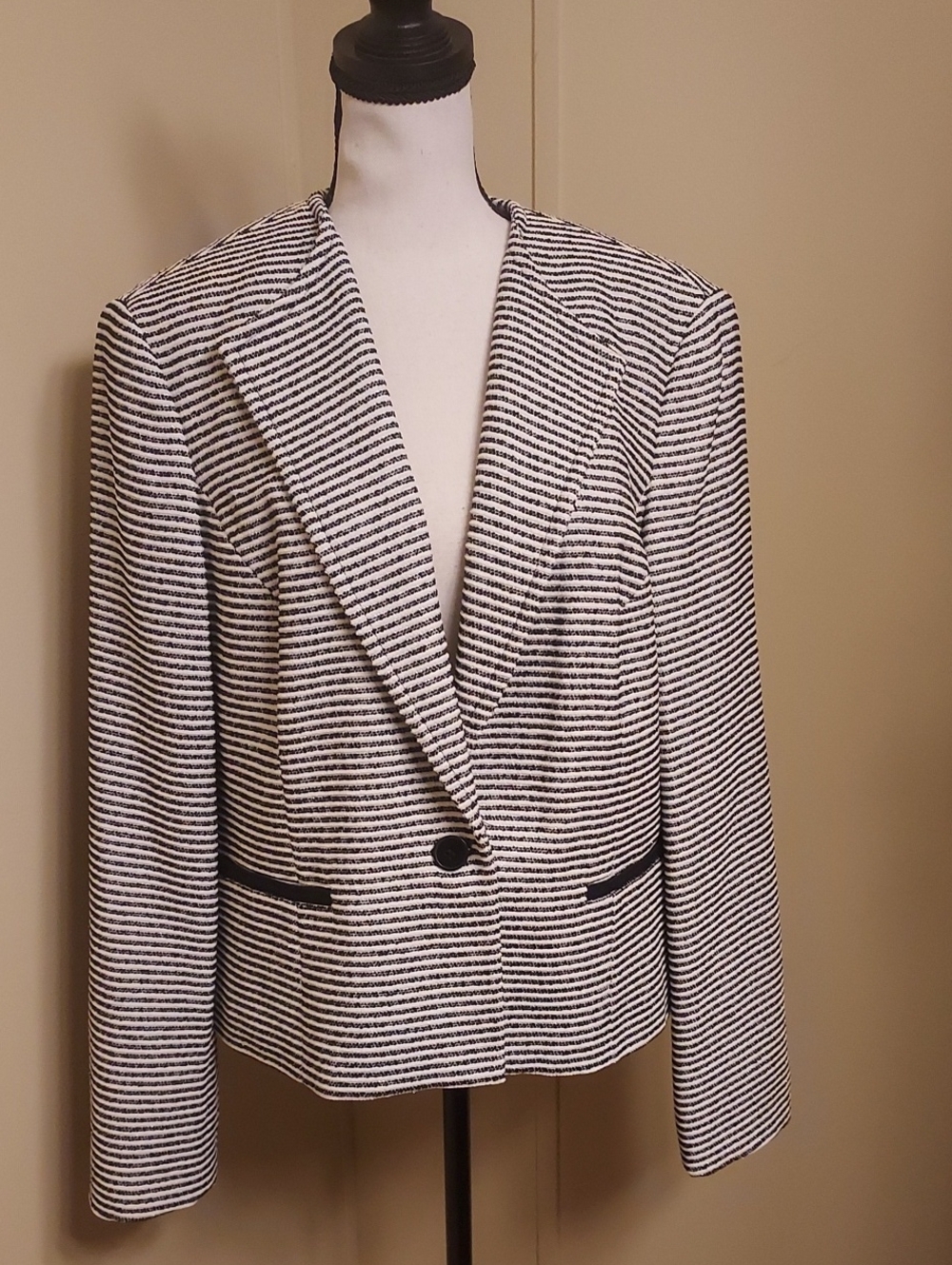 Nine West Black and White Striped Single-Button Blazer